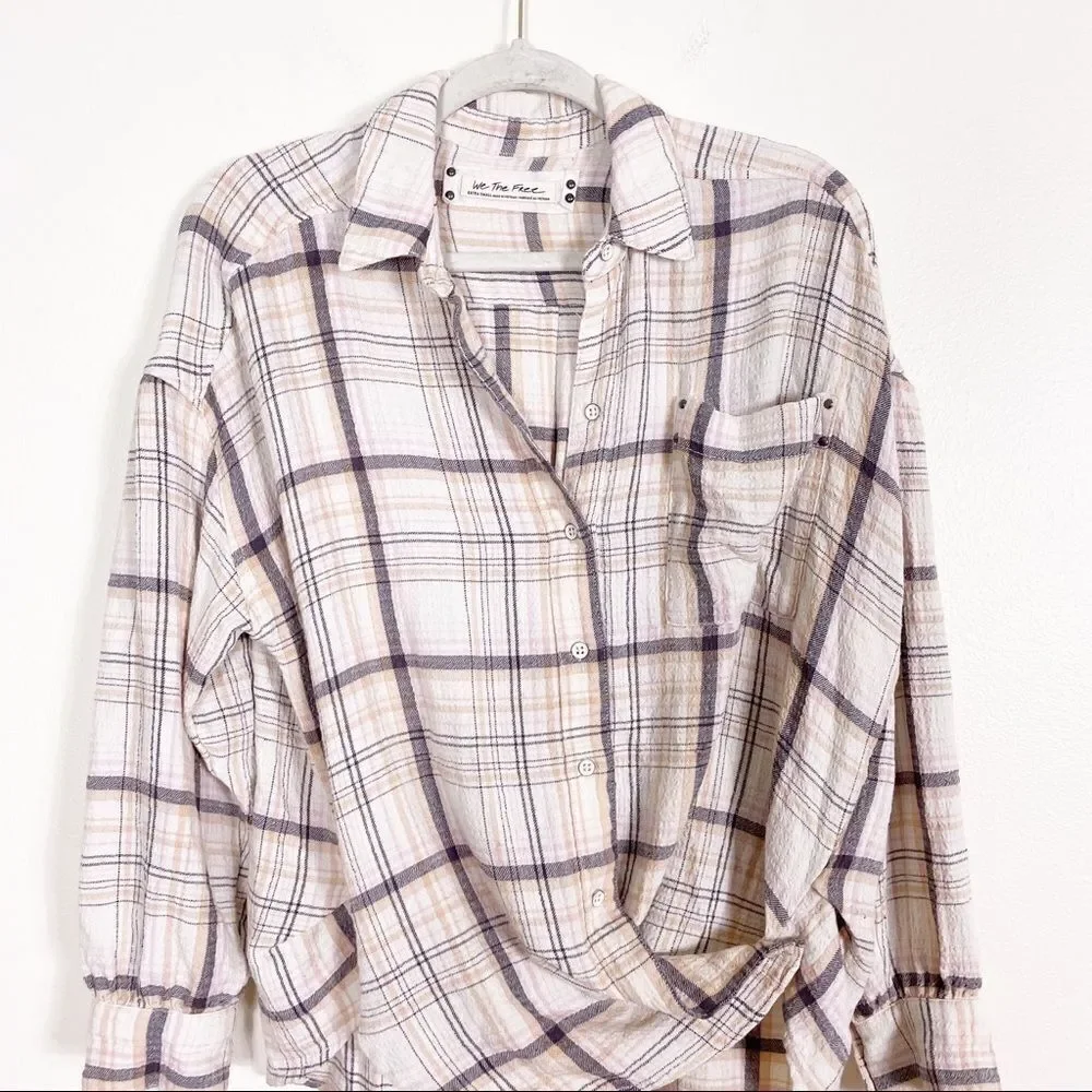 We The Free Free People White w/‎ Tan, Grey, & Pink Plaid Oversized Long Sleeve